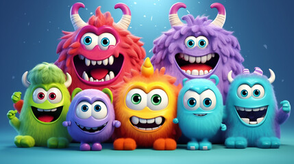 Obraz premium COLORFUL CHRISTMAS CARD WITH HAPPY, FUNNY, CARTOON MONSTERS, legal AI