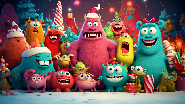 COLORFUL CHRISTMAS CARD WITH HAPPY, FUNNY, CARTOON MONSTERS, legal AI