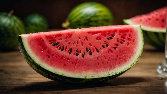 Close up high resolution image of big red fresh watermelon. Generative AI.