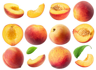 Collection of different peach fruits isolated on white background