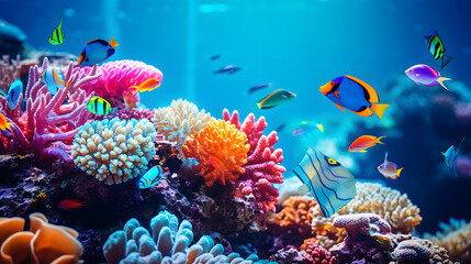 Naklejka na ściany i meble A colorful coral reef, with vibrant fish as the background context, during a thriving underwater ecosystem