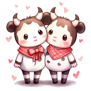 Watercolor Cute Baby Cow Couple Clipart Illustration