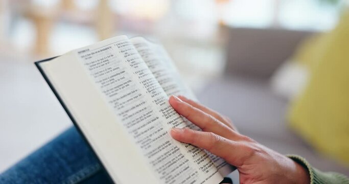Bible, hands and home for studying religion, faith or mindfulness in closeup with holy spiritual scripture. Christian literature, reading and ethics for knowledge, language and man with Jesus Christ