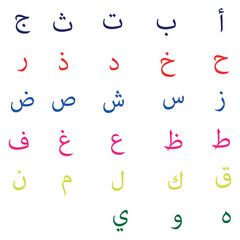 Arabic alphabet. 28 letters of alphabet in arabic language. Vector illustration.