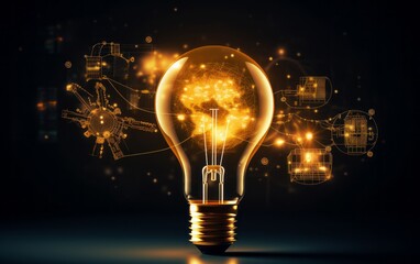 Glowing light bulb and industrial icons on dark background. 3D rendering