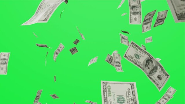 4k of money rain 100 dollar bills falling on green screen bottom view