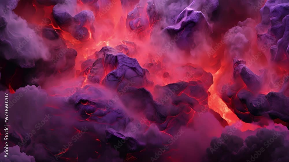 Poster a molten stream of lilac lava flows from a volcano, the intense heat causing it to bubble and churn,