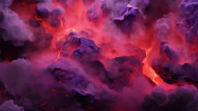 A molten stream of lilac lava flows from a volcano, the intense heat causing it to bubble and churn, creating a fiery and dangerous yet breathtaking sight.