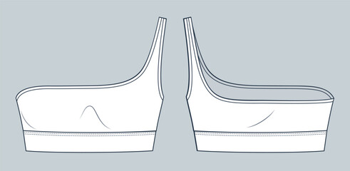 Sports Bra technical fashion illustration. One Shoulder Top fashion flat technical drawing template, slim fit, front and back view, white color, women CAD mockup.