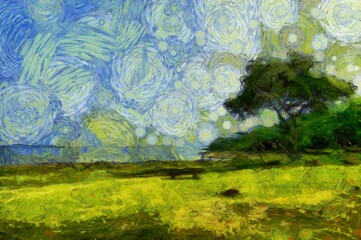 The landscape of a large lake is an impressionist style painting.