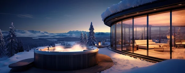 Photo sur Aluminium Blue nuit luxury hot tub outdoor in snowy winter landscape at night