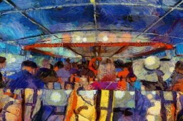 The landscape of passenger boats and tourist ferry passengers is an impressionist style painting.