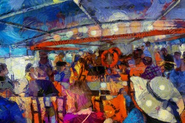 The landscape of passenger boats and tourist ferry passengers is an impressionist style painting.