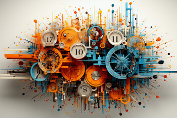Complex abstract composition with clock elements and colorful splashes