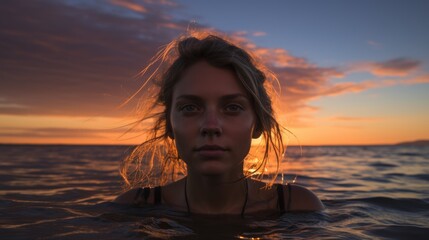 Fototapeta premium girl swimming in the sunset