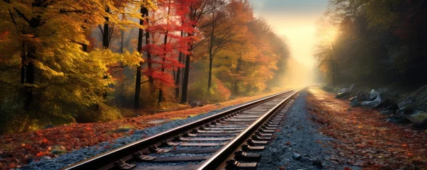 Papier Peint photo Chemin de fer railway tracks in autumn landscape