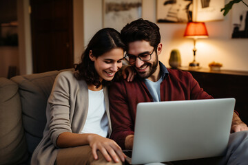 Happy young couple sitting on couch at home and using a laptop together.