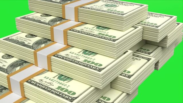 4k stack dollar bills on a green screen background video animation
