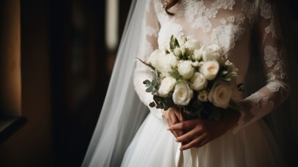 Fototapeta premium Beautiful bride with wedding flowers bouquet, attractive woman in a wedding dress.