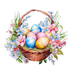 Spring easter eggs in a basket isolated on white transparent background