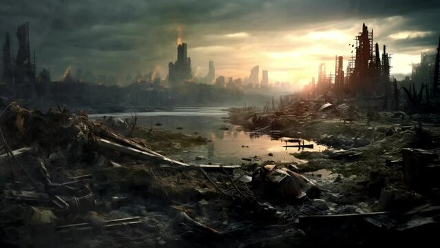 The city was destroyed by war,seamless looping video background animation, cartoon anime style