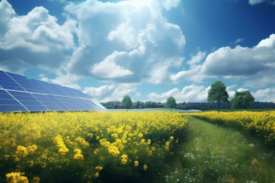 A sunny landscape showcasing yellow flowers, solar panels, blue sky, and clouds. Generative AI