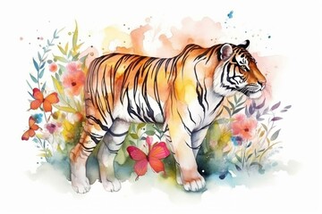 Realistic watercolor illustration of a fullbody tiger and flowers on white background. Generative AI
