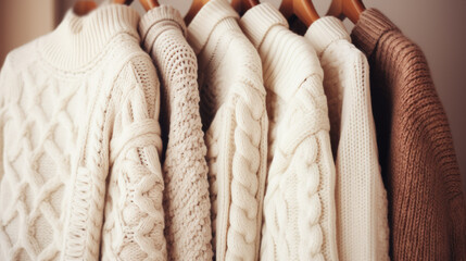 Cozy comfort fashion wardrobe winter 2024, What To Wear This winter. Many warm knitwear sweater for cold season. Cozy white and beige sweaters and knitwear hanging on hangers in the closet.