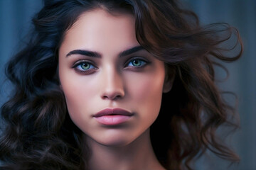 Fototapeta premium Vogue style close-up portrait of beautiful woman with long black curly hair, generative ai