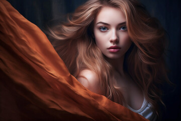 Fototapeta premium Vogue style close-up portrait of beautiful woman with long curly hair and a flying red orange cloth, generative ai