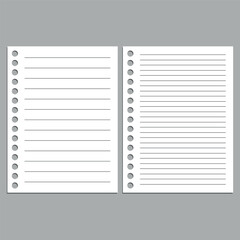 Set of vector realistic illustrations of a sheet of paper blank from a workbook with a shadow.