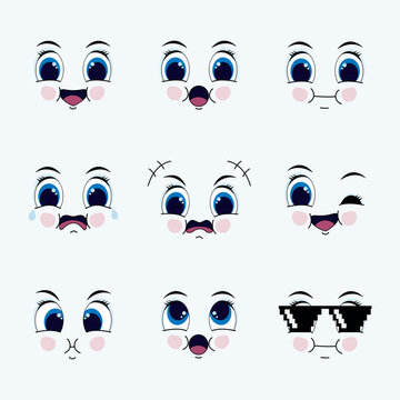 Face cartoon expression icons, funny cartoon emoji.