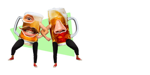 Contemporary art collage. Modern creative artwork. Two happy, smiling huge mug of beer with noses,...