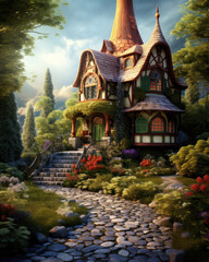 Fairy tree house in fantasy forest with stone road