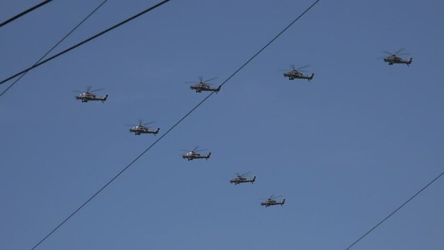 Chinese army helicopters at military parade in Beijing at 3 September 2015
