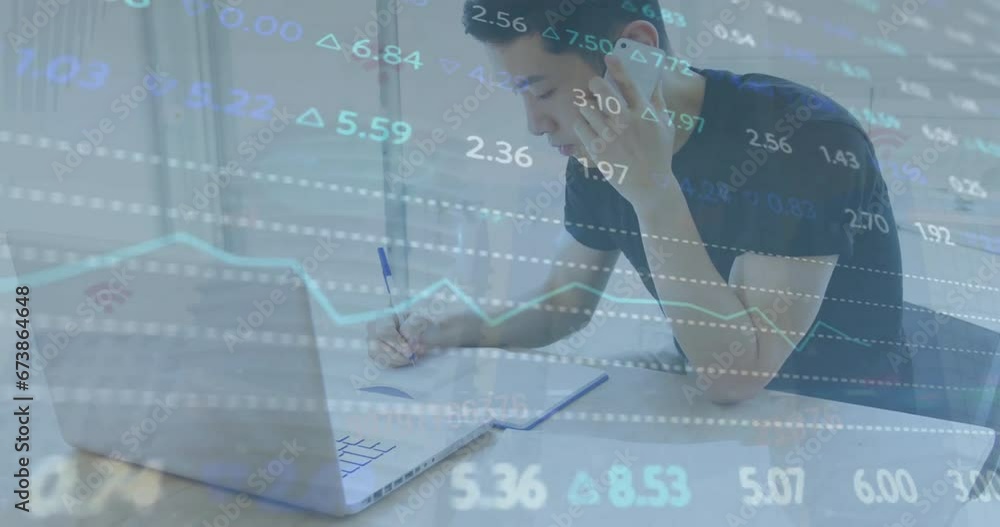 Poster animation of multicolored trading board over asian man writing on notepad while talking on cellphone