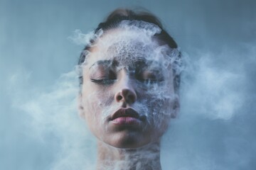 Woman in Mist Frozen Misty Smoke Frost Freezing Cold depicting Mental Health Calm Meditating Artistic Creative Concept Art for Advertising Promotional Materials Presentation Template Background