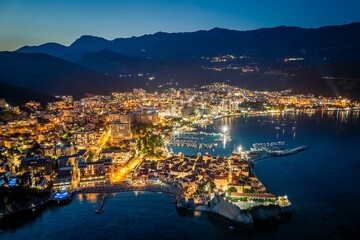 Fototapeta premium Breathtaking aerial view of the nighttime lights of Budva, Montenegro
