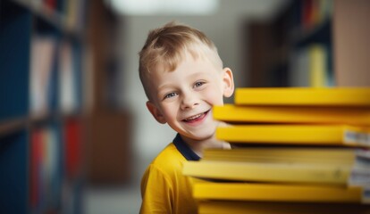 smiling boy holding books in library