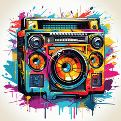 Obraz premium Nostalgic 90s-style T-shirt design with neon boombox. generative ai