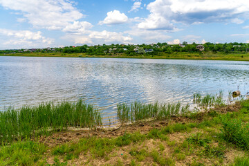 Lake or pond. Background with selective focus and copy space