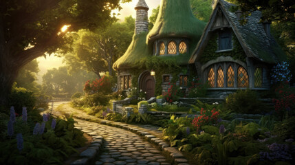 Fairy tree house in fantasy forest with stone road