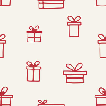 Gifts with bows. Doodle gift box background. Holiday doodle print