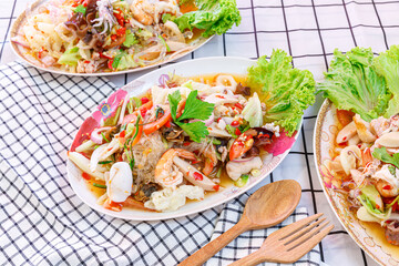 Spicy Glass Noodle Salad, mixed Seafood with minced pork (Yum Woon Sen) Spicy salad. Thai style. © kowitstockphoto