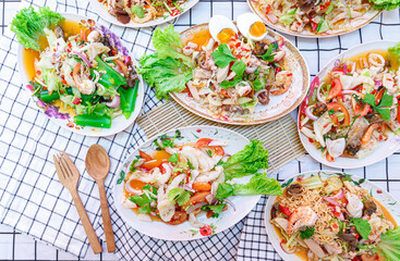 spicy salad Thai food served. fresh vegetables - Many varieties of various Thai menu Asian food