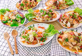 spicy salad Thai food served. fresh vegetables - Many varieties of various Thai menu Asian food