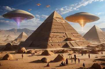 Aliens land their UFOs at the Egyptian pyramids.