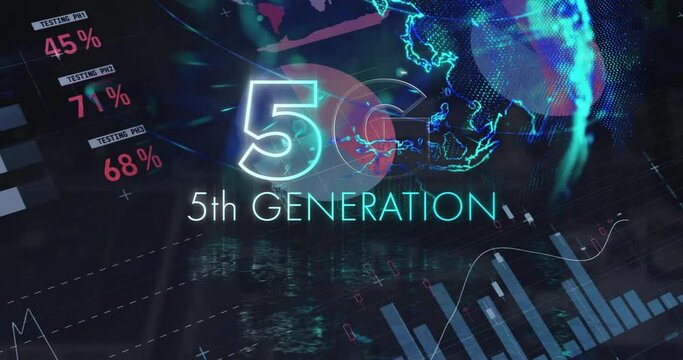 Animation of 5g, 5th generation text, infographic interface and globe over black background