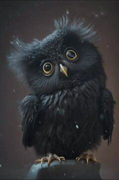3D rendered animation of a cute black owl standing on the rock under the snowfall