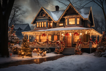 Winter Holiday House Illuminated at Night Amidst Snowy Architecture